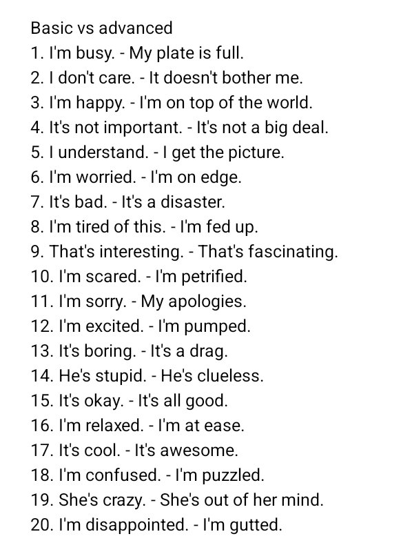 englishclubber's tweet photo. Basic vs advanced English words https://t.co/z51LG7HHXO