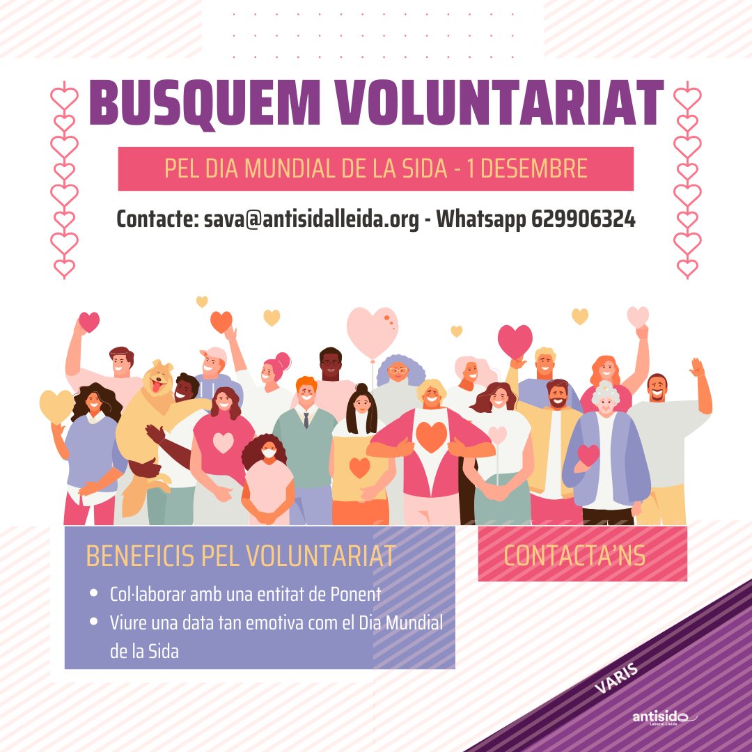 Busquem voluntariat pel #DMSida2024
Ens ajudes a recollir donatius?
Contacta'ns
📧 sava@antisidalleida.org
📱629906324 (WhatsApp)

#AntisidaLleida