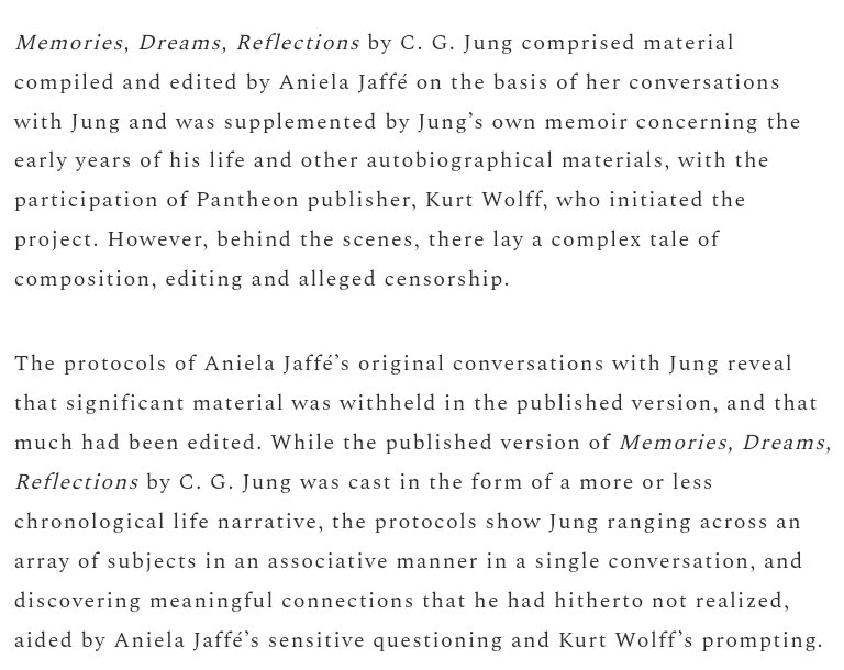 <a href="/michaelcurzi/">𝖒𝖎𝖈𝖍𝖆𝖊𝖑𝖈𝖚𝖗𝖟𝖎</a> The Philemon Foundation is going to publish Aniela Jaffé's Protocols for MDR (see enclosed link). Note that much of MDR was not written by Jung, and that what was finally included &amp; not included was not of his design (see the description in the link).

philemonfoundation.org/current-projec…