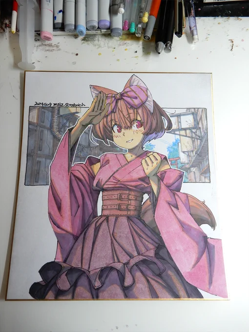 【アナログ2206:赤紫のシノ】元々腰が細いが、コルセットでさらに細く見える。露出度少なめのおめかし衣装。#水彩 #原画 #色紙 #狐娘 