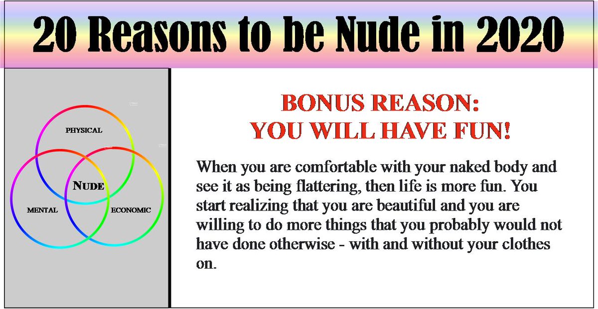 Last but certainly not least - a bonus reason from our 20 Reasons to be Nude series!
This one really hits home - by becoming more self-confident through #nudism, you become more open to life experiences of all kinds, whether you have clothes or or off!
❤️💛💙💚🧡💜
#naturism