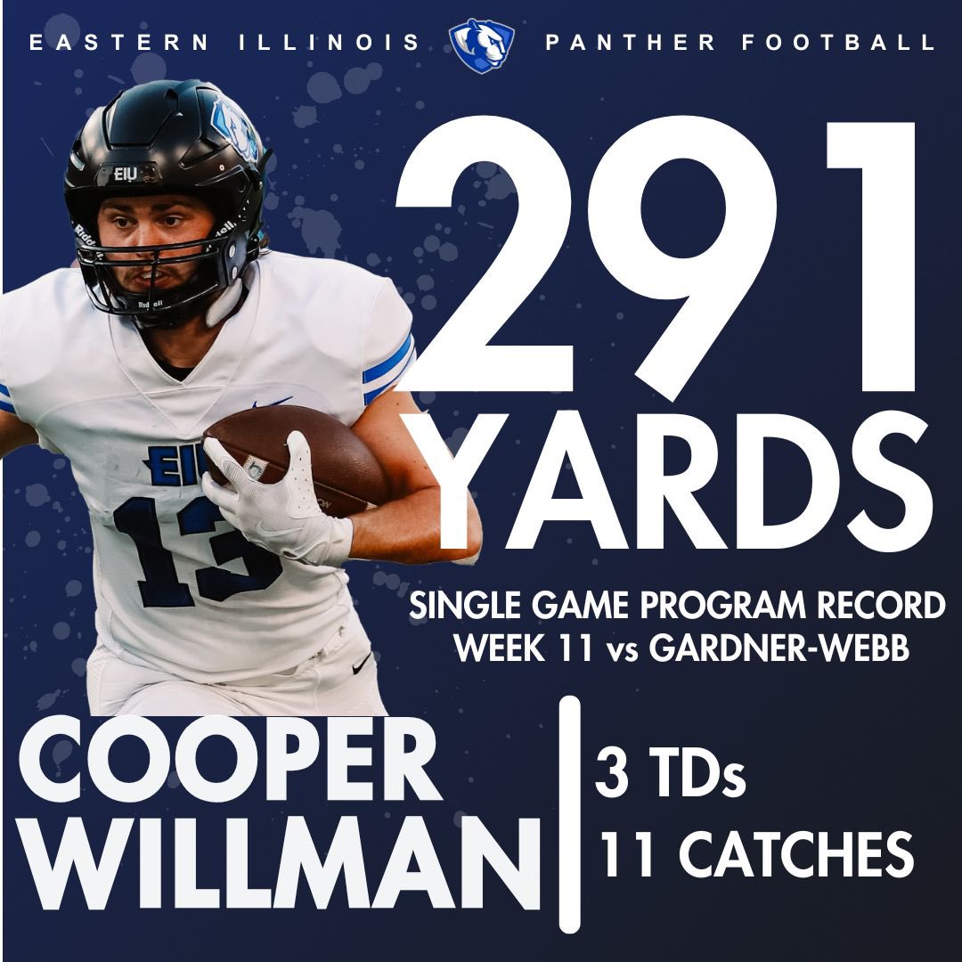 🚨PROGRAM RECORD🚨

Big Day yesterday for Cooper Willman against Gardner-Webb!

2⃣9⃣1⃣ Yards Receiving
3⃣ Touchdowns
1⃣1⃣ Total Catches
 
Willman is the 35th player in EIU history to break 1,000 Career Receiving yards!

#WeNotMe | #BleedBlue