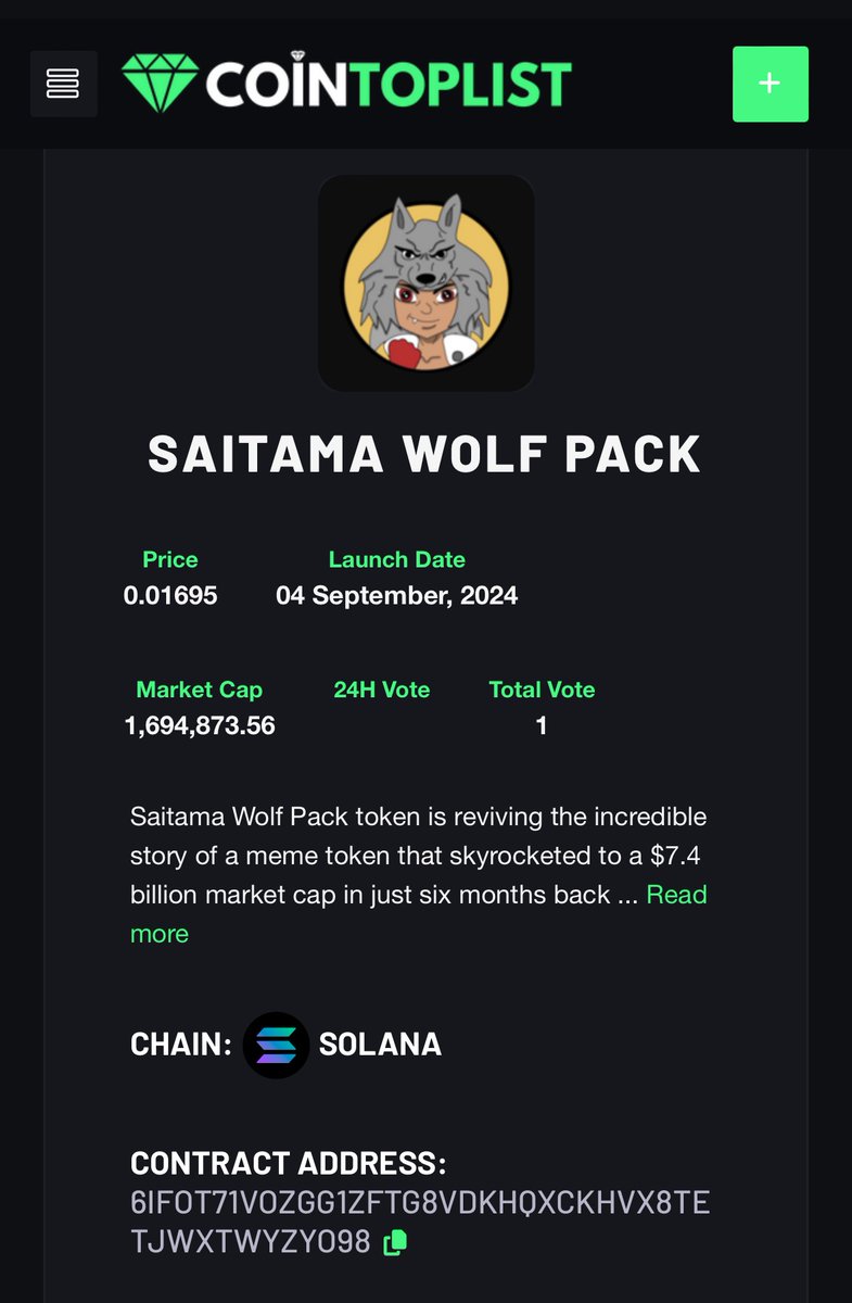 Saitama Wolf Pack now on <a href="/CoinToplist/">Coin Toplist</a> 

$SWP #SaitamaWolfPack 

cointoplist.net/coin/saitama-w…