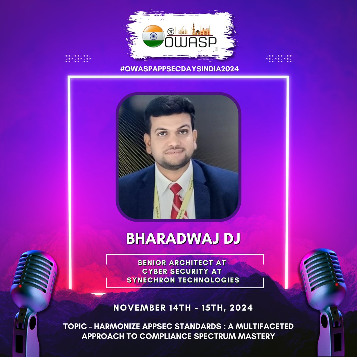 🚀 Excited for Bharadwaj D J’s talk on "Harmonize AppSec Standards: A Multifaceted Approach to Compliance Spectrum Mastery" at #OWASP #AppSecDaysIndia 2024! Learn how to streamline security standards &amp; master compliance. 🌐🔒

#Cybersecurity #AppSec #Compliance #SecurityStandards