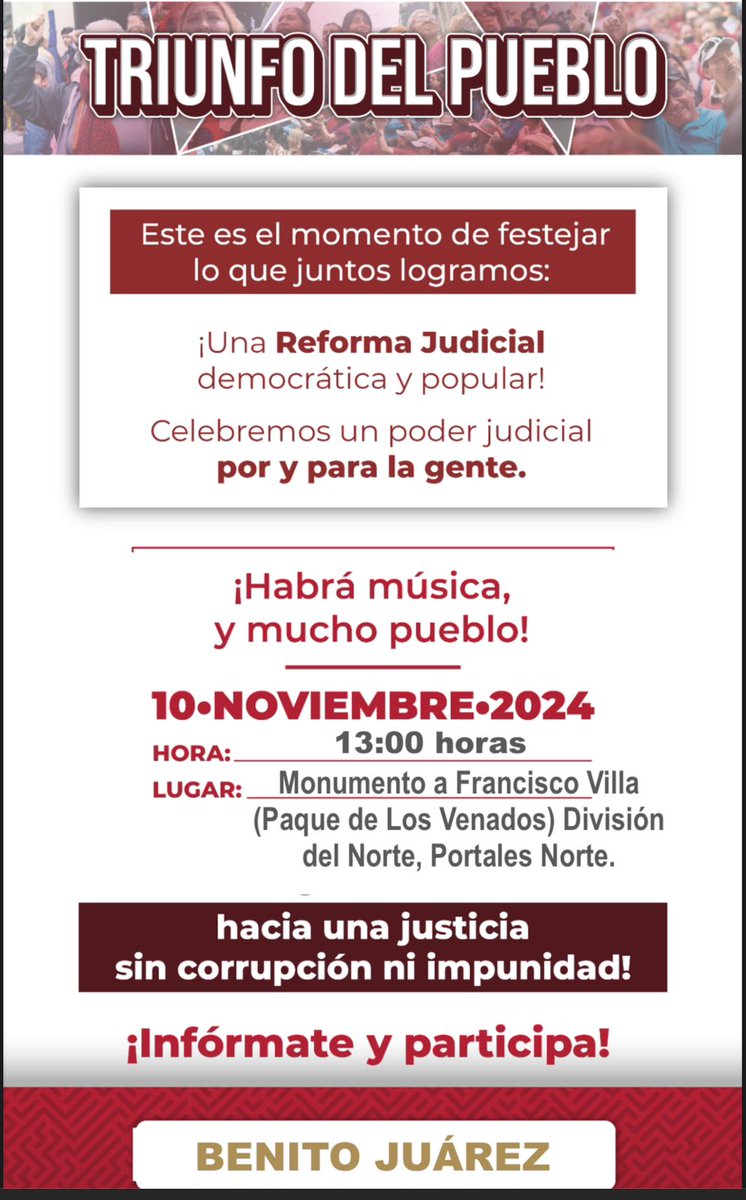 #TriunfoDelPueblo
📢 ¡Celebra con nosotros! 
 ¡Vamos a construir una justicia para el pueblo y por el pueblo!
*Compañeras y compañeros queremos invitarlos a que todas y todos festejemos el gran triunfo del pueblo de México! por la #ReformaAlPoderJudicial
*¡Te esperamos para que