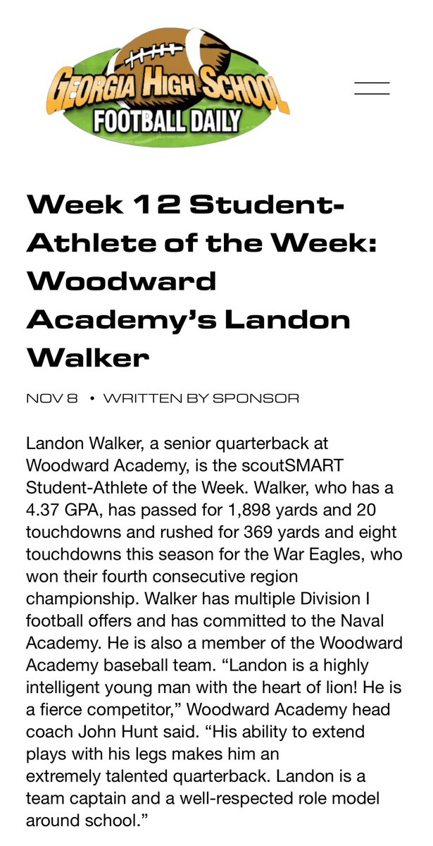 Thank you <a href="/scoutSMART_/">scoutSMART®</a> for Student-Athlete of the week honors! Now it’s time for the playoffs!
<a href="/WAAcademyFB/">Woodward Academy Football_Georgia</a> <a href="/CoachM_Allen/">❌MARIO ALLEN⭕️</a> <a href="/Davis33Coach/">CoachRyanDavis33</a> <a href="/QuincyAvery/">Quincy Avery</a> <a href="/QBHitList/">QBHitList.com</a> <a href="/RecruitGeorgia/">Recruit Georgia</a> <a href="/On3Recruits/">On3 Recruits</a> <a href="/247Sports/">247Sports</a> <a href="/theking1/">Justin King | IG: J.King_LIG</a>