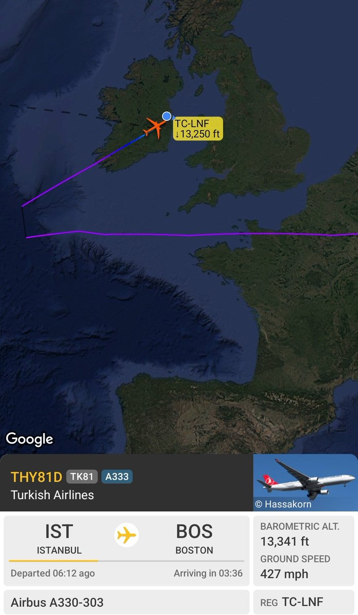 Michaelkelly707's tweet photo. The @TurkishAirlines flight #TK81 from Istanbul to Boston is currently diverting to #DublinAirport https://t.co/T331d7ZFeO