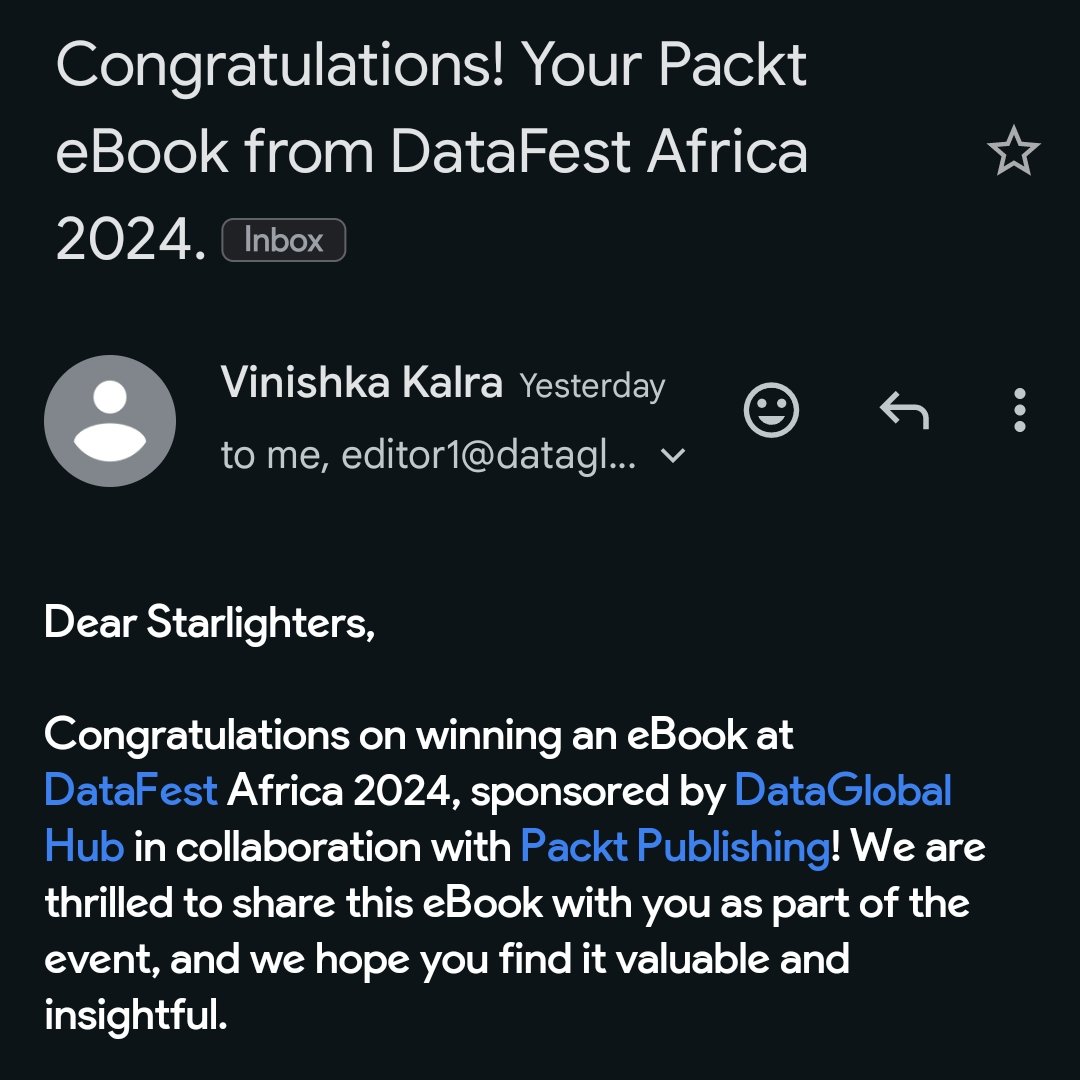 Mkm_world's tweet photo. Big thanks to @PacktPublishing  and @DataGlobalHub  for our custom e-book, ChatGPT for Cybersecurity Cookbook, with our team name proudly printed on it as part of our prize for being a winner at the #DataFestAfrica24 Datathon! Excited to dive in and learn! https://t.co/1Zd9niC9HC
