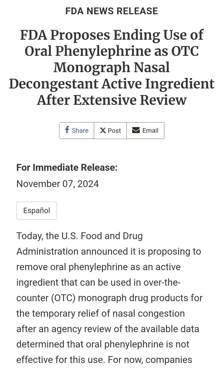 amjacinto1's tweet photo. Breaking news: US-FDA moves to finally pull Phenylephrine-containing oral medications out of the market 🥳💕

Phenylephrine, a popular OTC nasal decongestant, will be removed from the market soon due to its 'questionable effectiveness' when given orally.