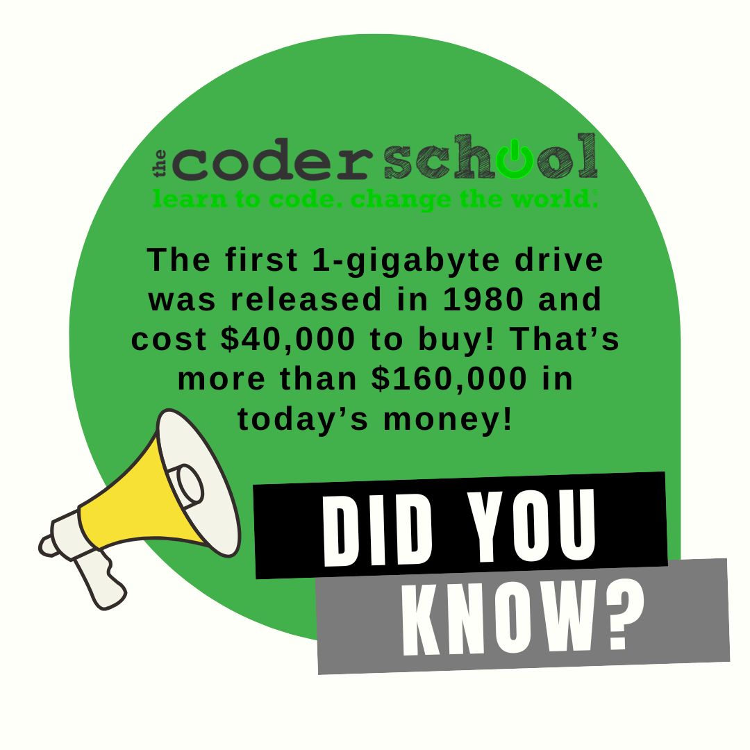ThecoderschoolN's tweet image. That&apos;s a lot of storage! Not!  😂

#codingfact #kidswhocode #learn2code #computerscience #FunFacts