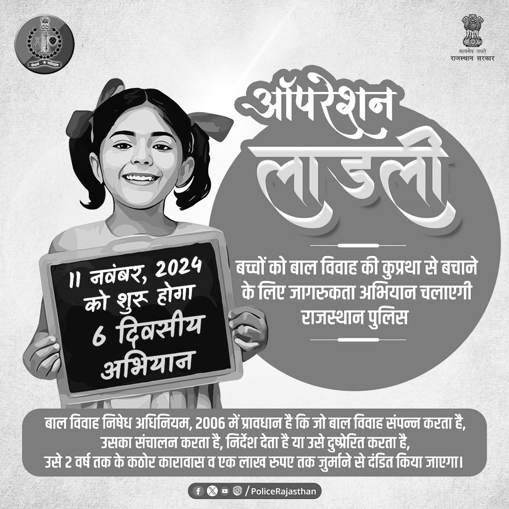 #राजस्थान_पुलिस बाल विवाह के नुकसान व कानून की जानकारी के लिए 11 नवंबर से शुरू करने जा रही है "ऑपरेशन लाडली"

अभियान में सीएलजी सदस्य व सुरक्षा सखियों के साथ मिलकर
दीवार लेखन, रैली, जिंगल, डॉक्यूमेंट्री, नुक्कड़ नाटक के माध्यम से किया जाएगा जनजागरण।
#RajasthanPolice