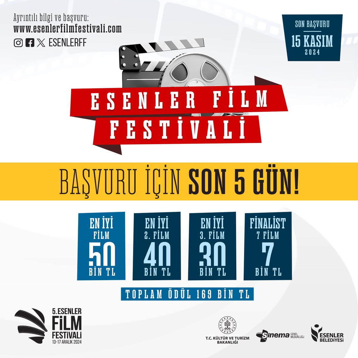 🎥 Esenler Film Festivali Başvuruları İçin Son 5 Gün!

🏆Ödüller:
En iyi film: 50 bin TL
En iyi ikinci film: 40 bin TL
En iyi üçüncü film: 30 bin TL
Finalist 7 filme 7'şer bin TL
Toplam ödül: 169 bin TL

📅 Son başvuru: 15 Kasım 2024
Festival Tarihi: 13-17 Aralık 2024
