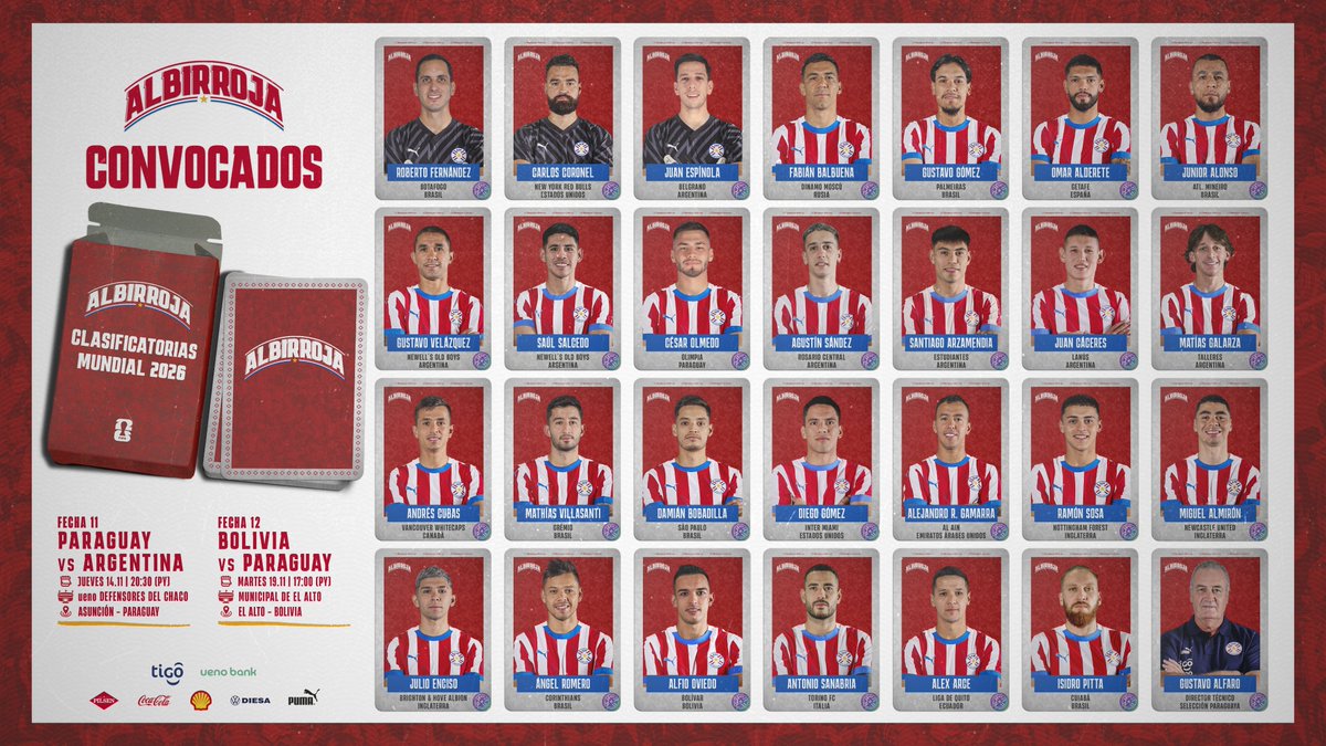 Albirroja's tweet photo. #Albirroja ⚪🔴

📄 Lista 𝙛𝙞𝙣𝙖𝙡 de convocados para los encuentros ante @Argentina 🇦🇷 y @laverde_fbf 🇧🇴
⚽ Clasificatorias rumbo a la Copa Mundial de la FIFA 2026.
👉 Fechas 11 y 12

🔗 https://t.co/mTVJLvO82k

#VamosParaguay 🇵🇾
#ElRenacerAlbirrojo 🙌 https://t.co/jKXNGhfonz