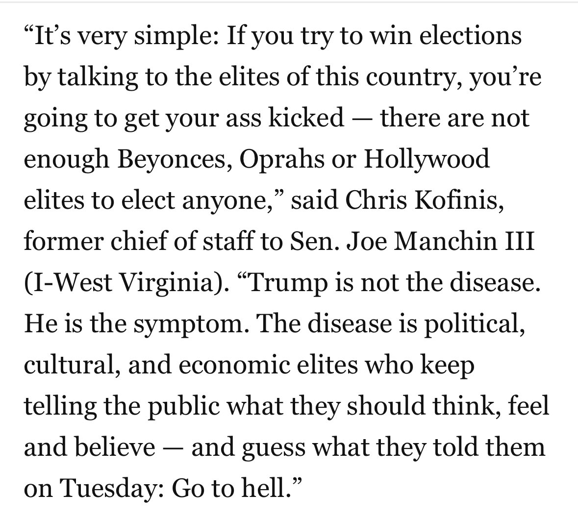 Chris Kofinis, former chief of staff to Sen. Joe Manchin III, to WaPo: