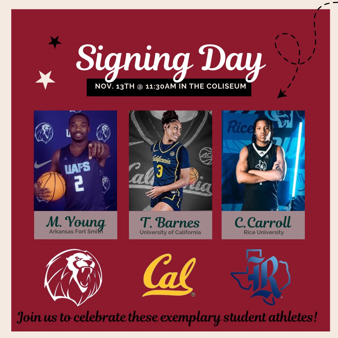 Our Signing Day event is coming up soon for these 3 exemplary Warrior Student Athletes! Come out and support during 5th period on Wednesday! 🔥🏹🏀