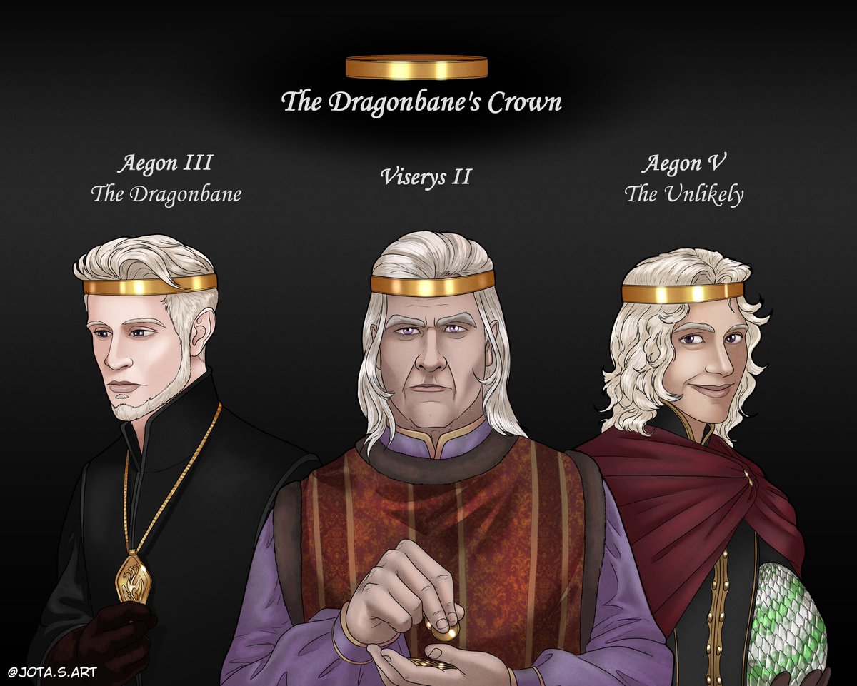 Part 3 of my Targaryen Crown 👑 Series with the awesome Jota.S.Art

The Dragonbane’s Crown

Wearers: King Aegon III (aka The Broken King), his brother, King Viserys II (sons of Queen Rhaenyra Targaryen by her uncle-husband, Prince Daemon Targaryen), &amp; King Aegon V