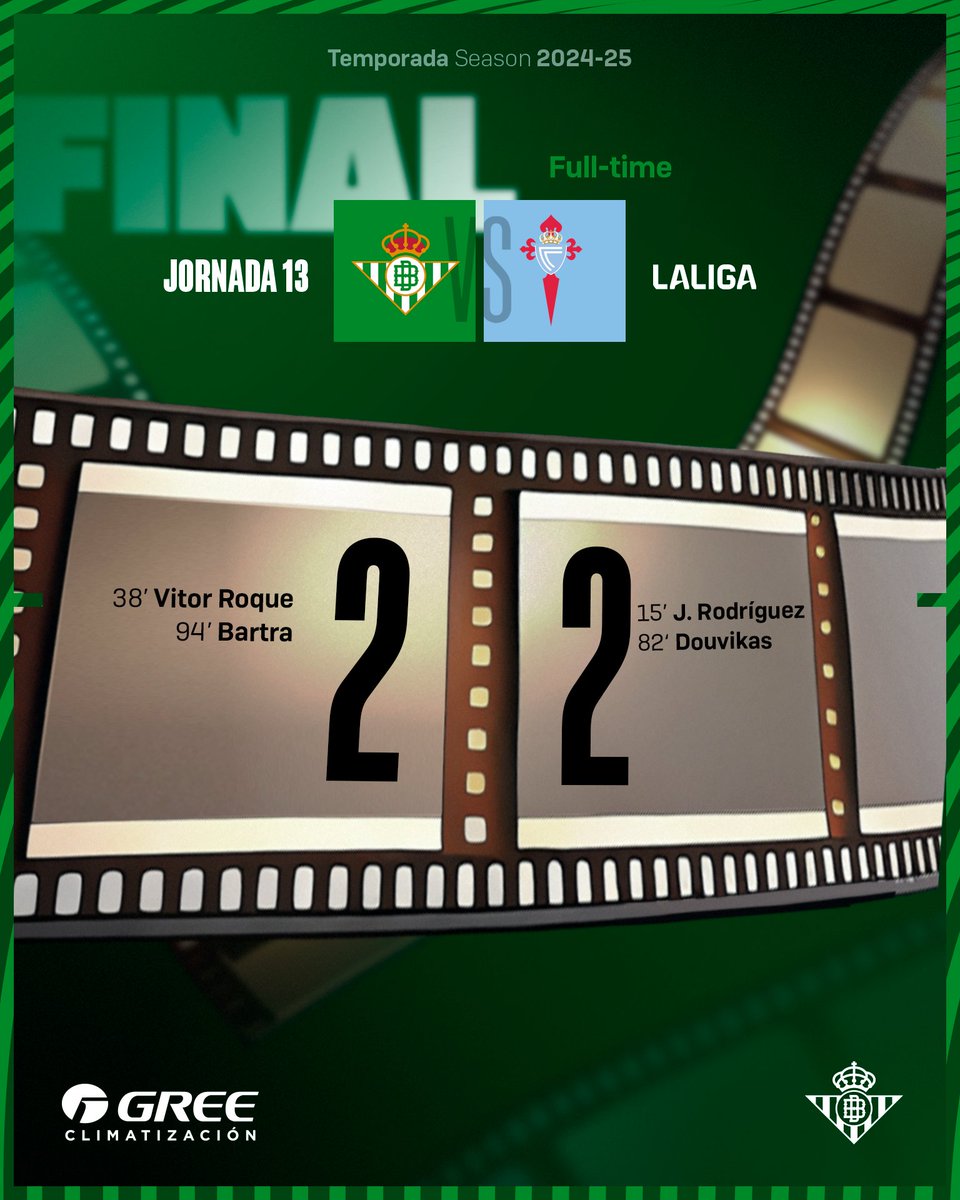 RealBetis's tweet photo. 97' ⏱⚽️ ¡Final del partido! Reparto de puntos en el Benito Villamarín.

💚🤍 #RealBetisCelta 2-2 🔵⚪

#DíaDeBetis https://t.co/YRqX1n1c9K
