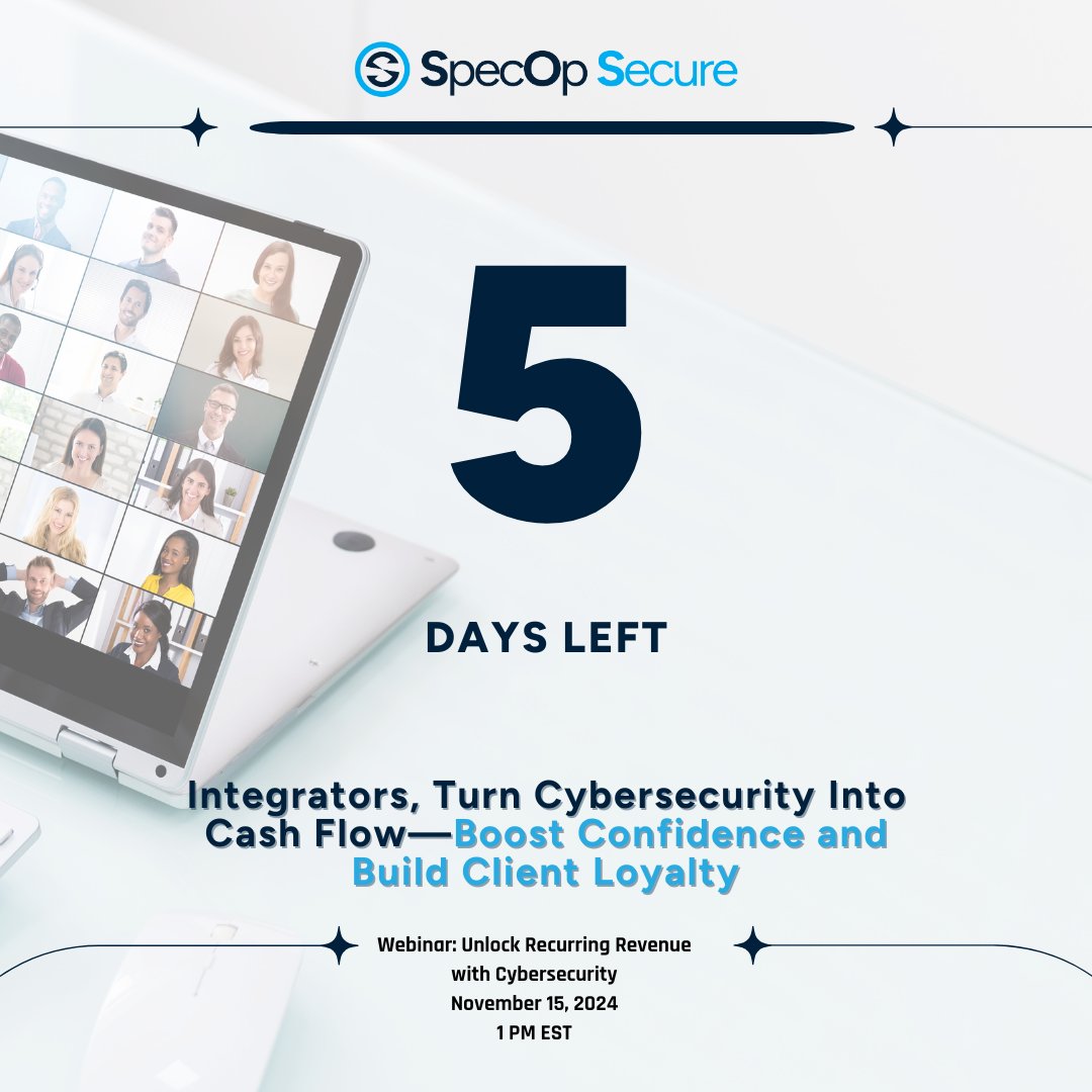 SpecOpSecure's tweet image. Are you covered? Smart homes mean big risks. Learn to manage risk, compliance, and insurance to protect your clients and business. Only 5 days left! ⏰ Secure your spot now! ➡️ d-cy.net/specopsecurewe…

#IntegratorSolutions #CyberSecurityWebinar #RevenueBoost