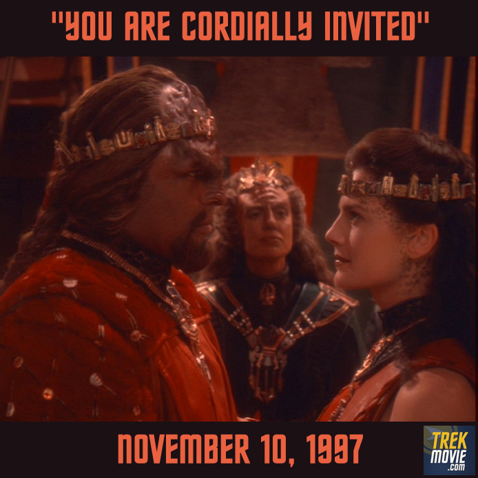 TrekMovie's tweet photo. OTD: Jadzia Dax and Worf tied the knot in #StarTrekDS9's "You Are Cordially Invited." Producers wanted to get the whole TNG cast at the wedding, but only Jonathan Frakes and LeVar Burton (who had offices on the Paramount lot) were available; they decided it was all or nothing. https://t.co/TXVz5YpDXW