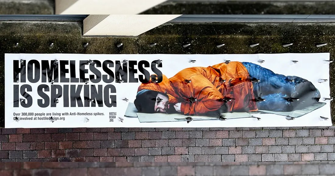 _AkashSahu's tweet photo. A unique street campaign called ‘Stop Homelessness Spiking.’ aims to condemn the use of ‘hostile design,’ on public benches and flat surfaces to prevent homeless people from sleeping overnight.
#TBWA #StuartSemple https://t.co/pOIC8QOg94