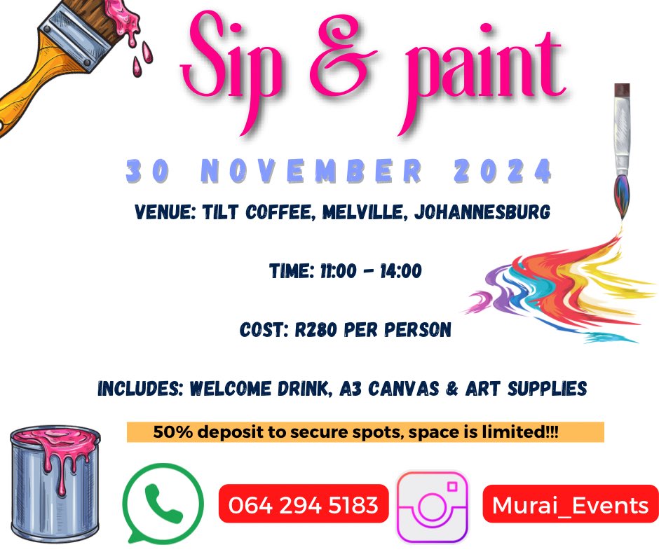Maureen_Murai's tweet photo. Hey guys 

Let’s do a cute little sip &amp; paint 🎨 🥂 at Tilt Coffee in Melville on the 30th of November 2024! 

Tickets: R280 per person 
Time: 11:00 - 14:00 

Bring a date / a friend or two… yourself if you will 🩷🥺

Booking is an essential!!! https://t.co/GxGl8aPh5A