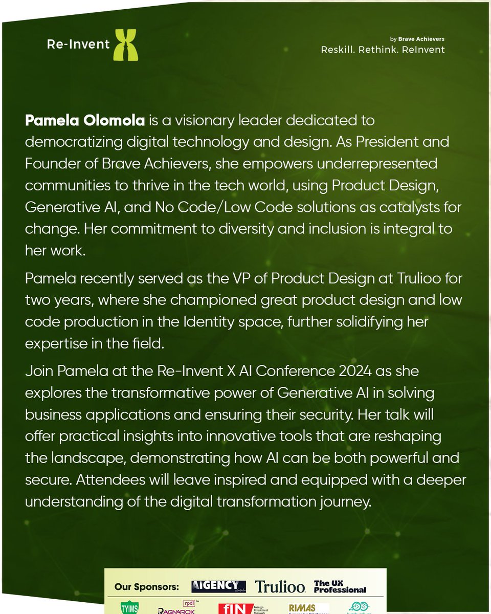 BraveAchievers's tweet photo. Meet Pamela Olomola, President of Brave Achievers and VP of Product Design at Trulioo for two years. A trailblazer in design innovation and leadership. Don’t miss the chance to connect at the summit—register now! Sign up with the link https://t.co/xKtnl79Qji https://t.co/mJzBbf6KwY