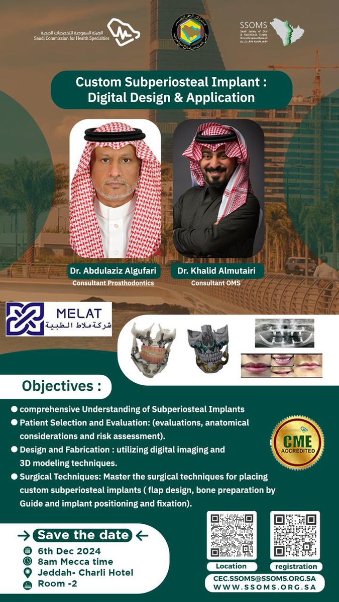 SaudiSocietyOMS's tweet photo. Custom Subperiosteal Implant :
Digital Design &amp; Application by 

Dr. Abdulaziz Algufari
Dr. Khalid Almutairi

6th Dec 2024
8am Mecca time
Jeddah- Charli Hotel
Room -2

registration : 🔥

https://t.co/BG3RFluluE https://t.co/gnqCsWudkD