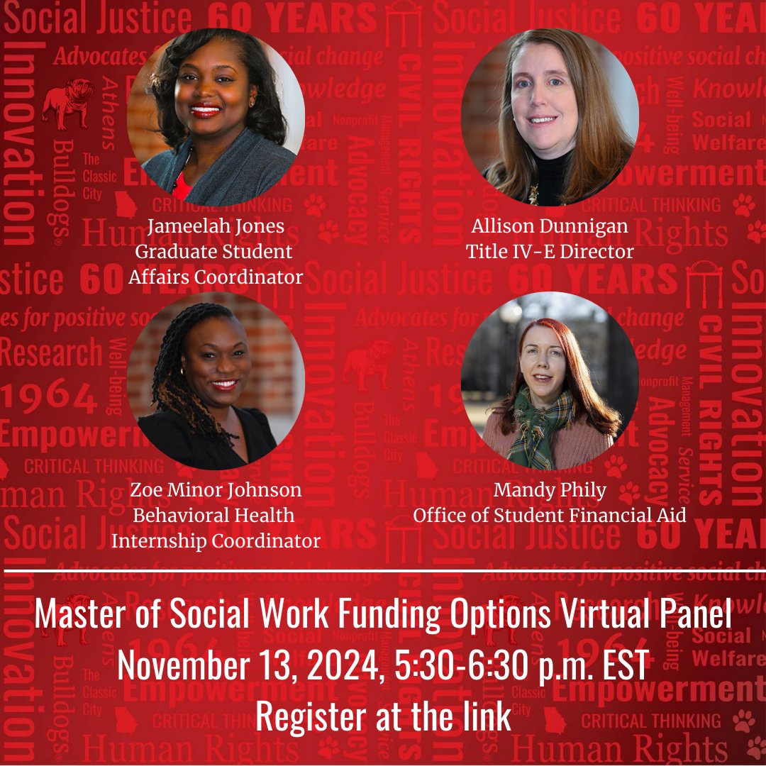 Join us for a virtual session with information about financial assistance opportunities to fund your Master of Social Work degree, including UGA Financial Aid, School of Social Work Graduate Assistantships and Scholarships, and more. Register: ow.ly/ILt350TR3TA