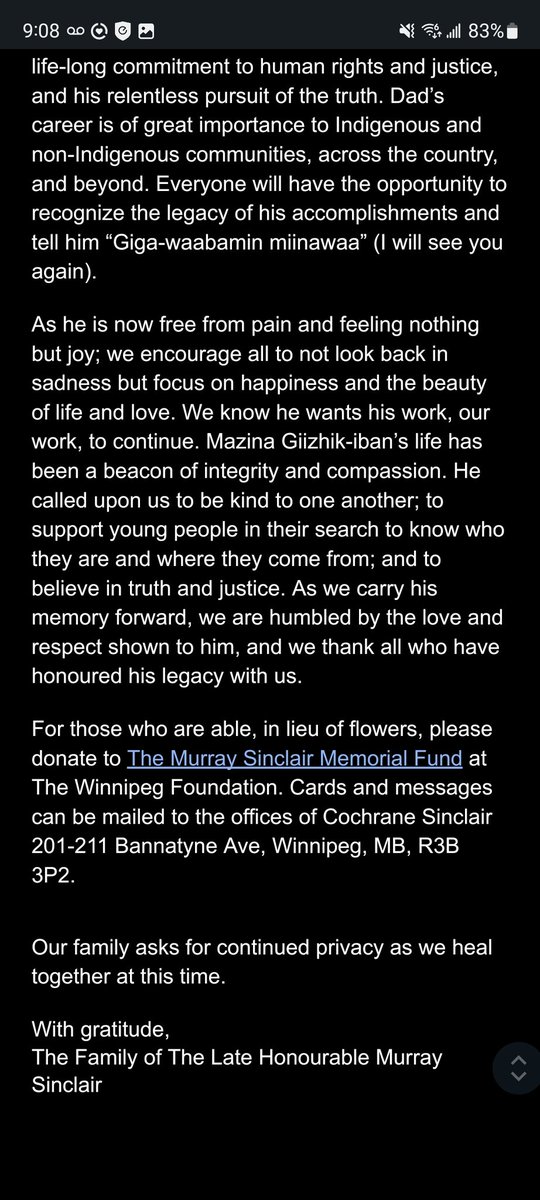 Denezy's tweet photo. Sunday, November 10, 2024
Statement from the family of Murray Sinclair https://t.co/EDcrM8SN4m