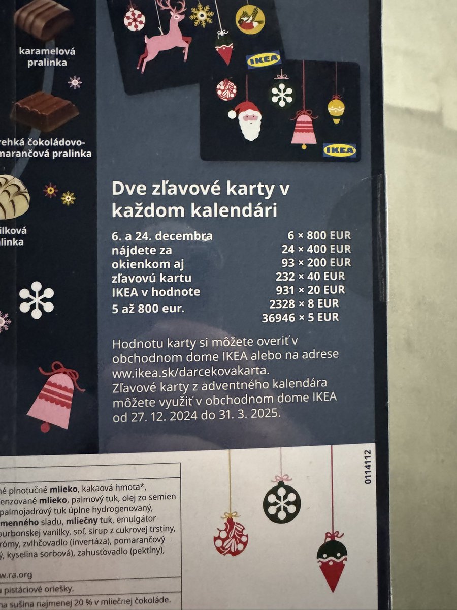 🇸🇪Gambling po Svedsky

Vymyslel som, ako si zagamblit cez vikend, ked su trhy (okrem krypta) zatvorene s celkom dobrym RRR. V IKEA predavaju adventne kalendare s 277g cokolady. Kalendar stoji 12 eur a v kazdom z nich su 2 darcekove poukazky s minimalnou hodnotou 2x5 EUR, ktore