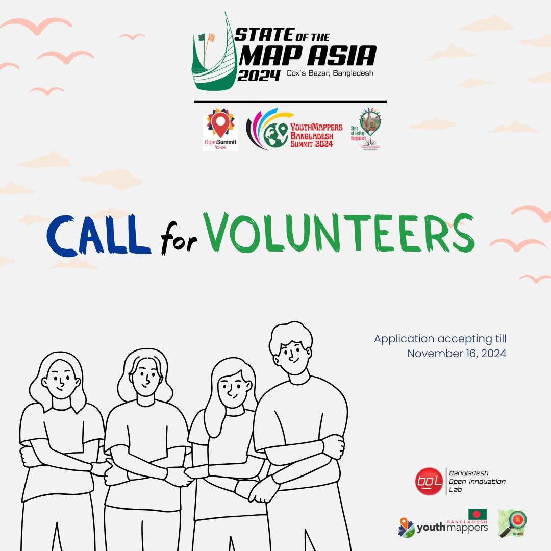 🌟 Volunteer Opportunity: Join the Team for <a href="/SotmAsia/">State of the Map Asia</a>, <a href="/sotmbd2024/">State of the Map Bangladesh</a>, and the <a href="/youthmappers/">YouthMappers</a> Bangladesh Summit 2024

📍 Where: Cox’s Bazar, Bangladesh
📅 When: November 30 &amp; December 01, 2024
💌 Interested? Visit stateofthemap.asia/volunteers/

Join us and be part of something impactful!