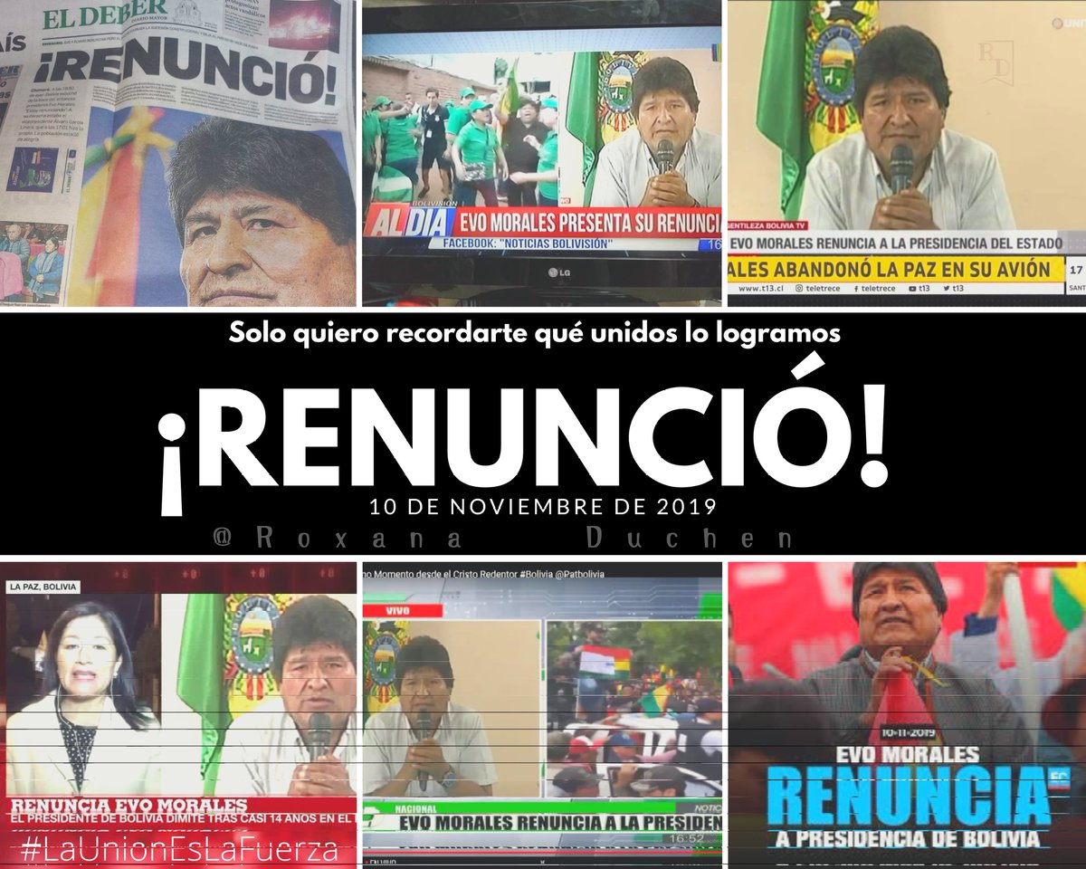 Hace cinco años, un día como hoy, después de que los bolivianos evidenciamos su fraude criminal, el tirano narco pederasta Evo Morales Ayma RENUNCIÓ y fugó del país.

#NoHuboGolpe #FueFraude