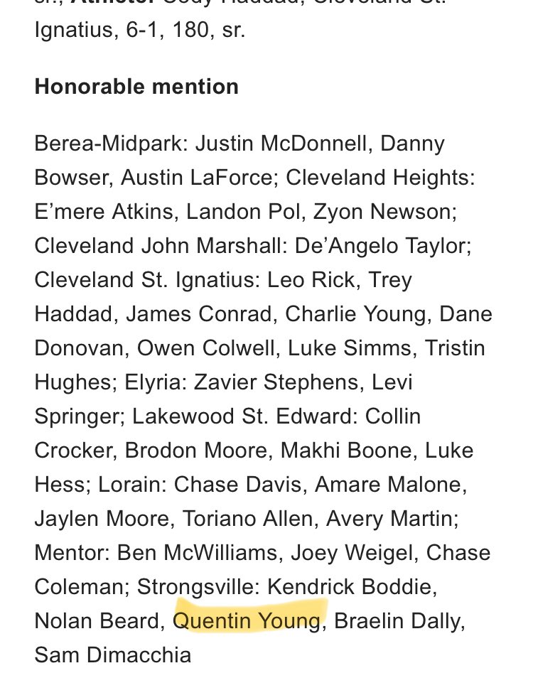 Quinten Young (@quin12410082) on Twitter photo Thankful to be named honorable mention All District for Division 1 <a href="/JasonTrusnik/">Jason Trusnik</a> <a href="/EricKush64/">Eric Kush</a> <a href="/CoachMooney81/">Andrew Mooney</a> <a href="/Strongsville_FB/">StrongsvilleFootball</a> Thankful to be named honorable mention All District for Division 1 <a href="/JasonTrusnik/">Jason Trusnik</a> <a href="/EricKush64/">Eric Kush</a> <a href="/CoachMooney81/">Andrew Mooney</a> <a href="/Strongsville_FB/">StrongsvilleFootball</a>