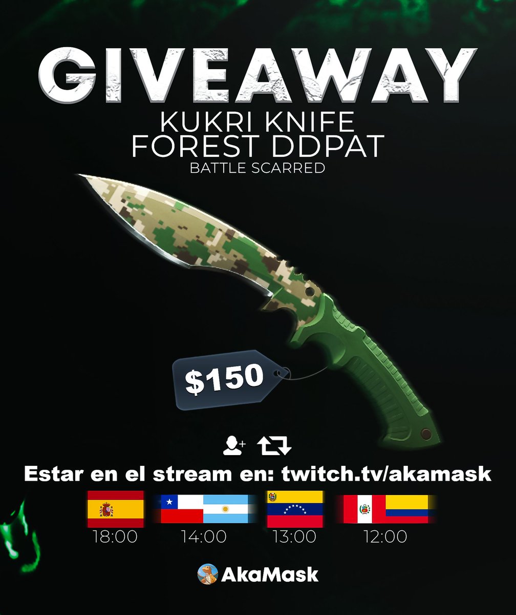 🎁SORTEO KUKRI FOREST DDPAT

💰+$150

Requisitos:
✅Follow &amp; RT
✅Estar hoy en el stream! twtv / akamask

GL❤️
