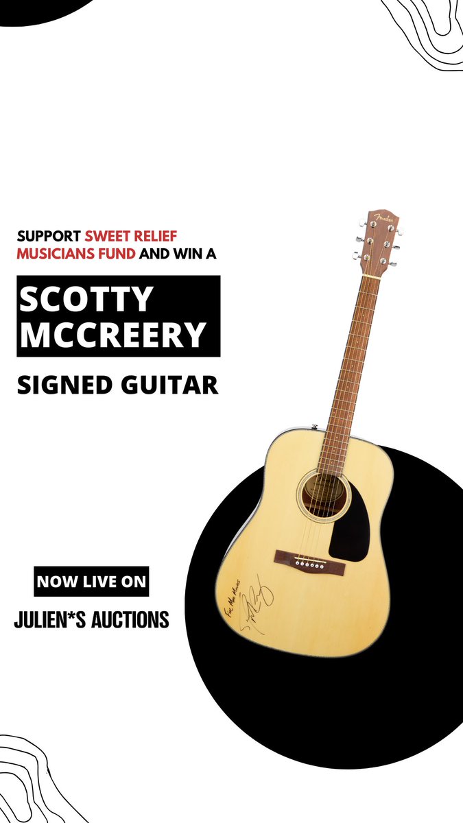 Scotty McCreery (@scottymccreery) on Twitter photo Help us celebrate 30 years of <a href="/SweetRelief/">Sweet Relief Musicians Fund</a> Musicians Fund and win a guitar signed by me! Your bid will help raise emergency funds for musicians and music industry workers facing illness, disability, and age-related issues.
Visit the auction:
tinyurl.com/sweetrefliefsm Help us celebrate 30 years of <a href="/SweetRelief/">Sweet Relief Musicians Fund</a> Musicians Fund and win a guitar signed by me! Your bid will help raise emergency funds for musicians and music industry workers facing illness, disability, and age-related issues.
Visit the auction:
tinyurl.com/sweetrefliefsm