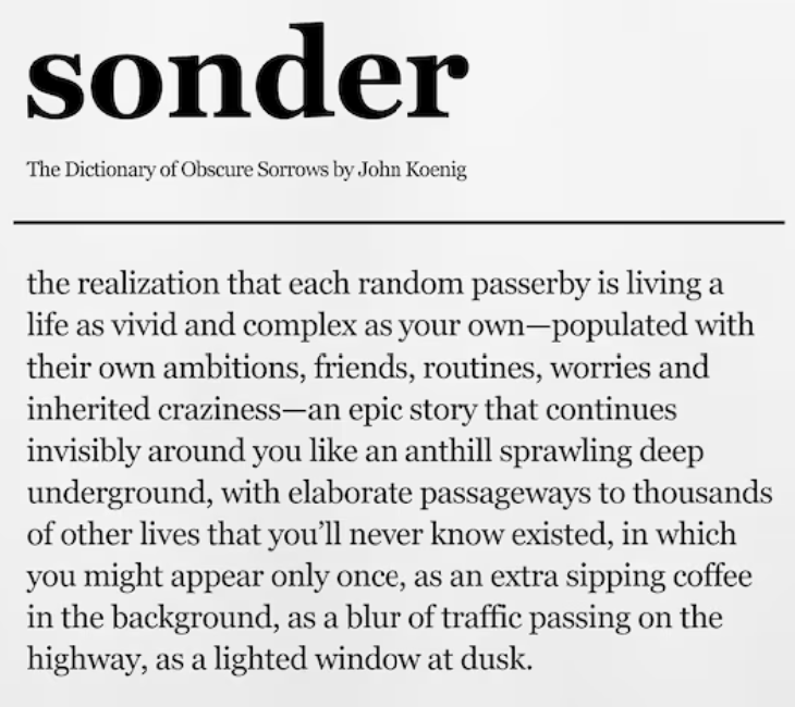 My new favorite word: sonder.

It's the profound awareness that every person you encounter has experienced a lifetime of hopes, fears, loves, and heartaches that you'll never know.

Each moment of sonder is a reminder to appreciate how little we truly grasp about others' lives.