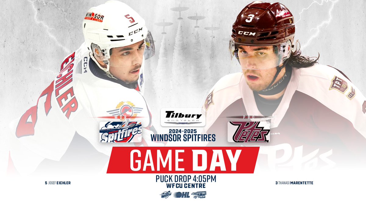 IT’S GAMEDAY! 

The Petes are in town! Don’t forget skate with the Spits after the game! 

🏒: 4:05pm
📍: WFCU Centre 
🆚: Peterborough Petes 
📺: YourTV Windsor and CHLTV 
🎙️: AM800
📲: Twitter for live updates 
🎟:  tinyurl.com/PBOvsWSR

#WindsorSpitfires #TheFutureIsNow