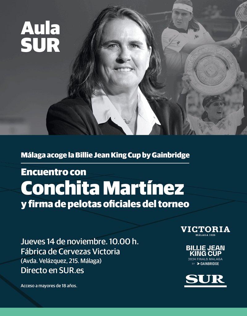 He visto muchos partidos suyos, incluida aquella final de Wimbledon contra <a href="/Martina/">Martina Navratilova</a>; recuerdo lo talentosísima que me parecía. Ahora entrena y dirige la <a href="/BJKCup/">Billie Jean King Cup</a>. Este jueves, a las 10 am, estaremos con la mítica <a href="/conchitamartinz/">Conchita Martínez 💙</a> en el #AulaSUR de <a href="/CervezaVictoria/">Cervezas Victoria</a>. ¡Os esperamos!