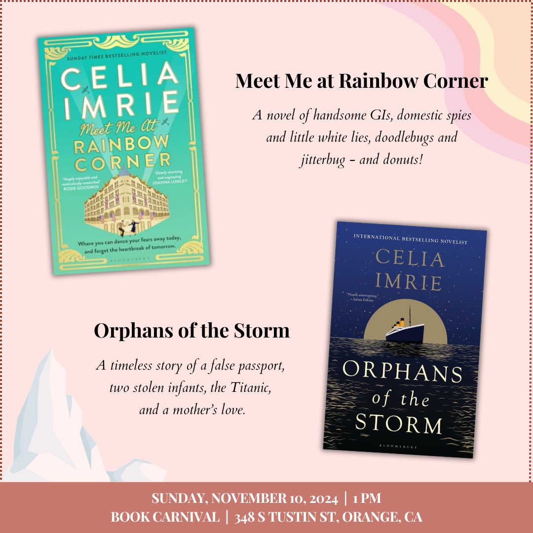 See you soon at @BookCarnival where we’ll discuss both Meet Me at Rainbow Corner and Orphans of the Storm.

#OrangeCounty #books #meetmeatrainbowcorner #orphansofthestorm