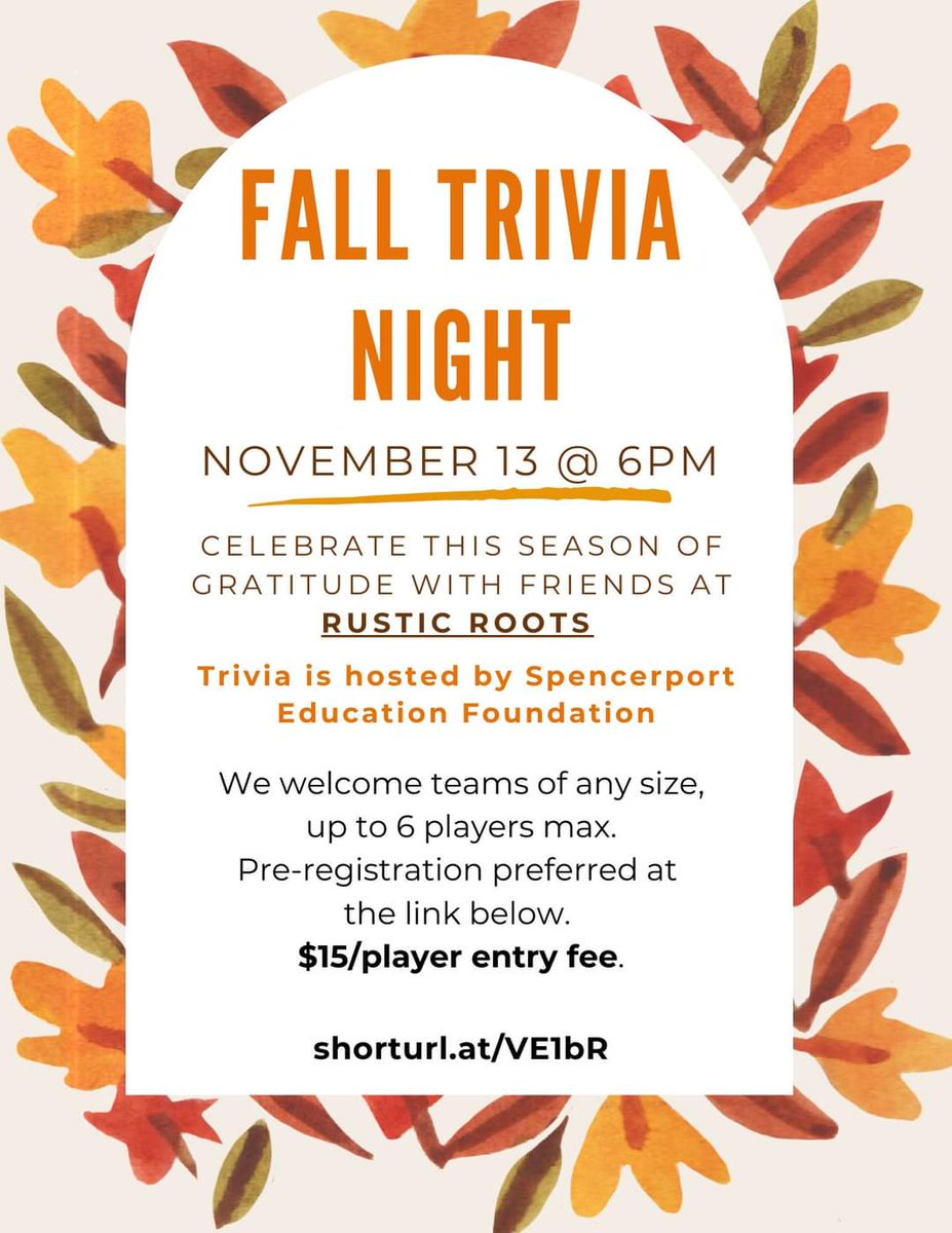Trivia in just a few days!! $15/player so don't forget to sign up your squad 🏆 #trivianight #spencerport