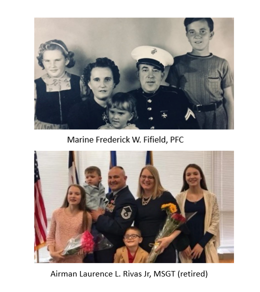 capitolview_MS's tweet photo. In honor of US Marine Corps Birthday (11/10) and Veterans Day (11/11) here is a photo of Sara's husband, Airman Laurence L. Rivas Jr, MSGT (retired) and Marine Frederick W. Fifield, PFC. We are forever grateful for your service. https://t.co/2mGlhp000d