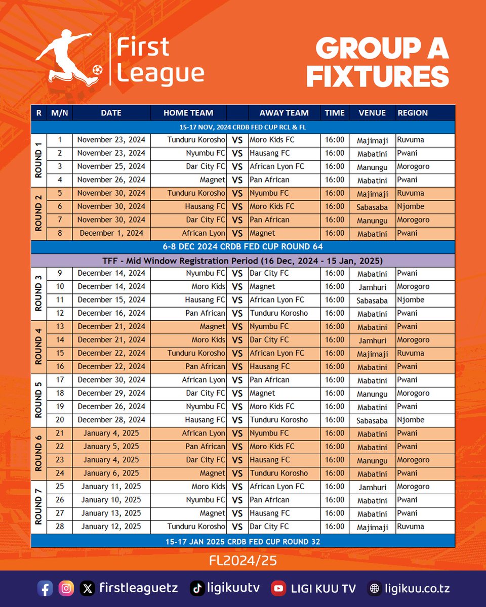 firstleague_tz's tweet photo. #FirstleaguetzFixtures
Ratiba ya  Ligi ya @firstleague_tz msimu wa 2024/2025.

 @Tanfootball @NBCTanzania https://t.co/HbDj9n5TIW