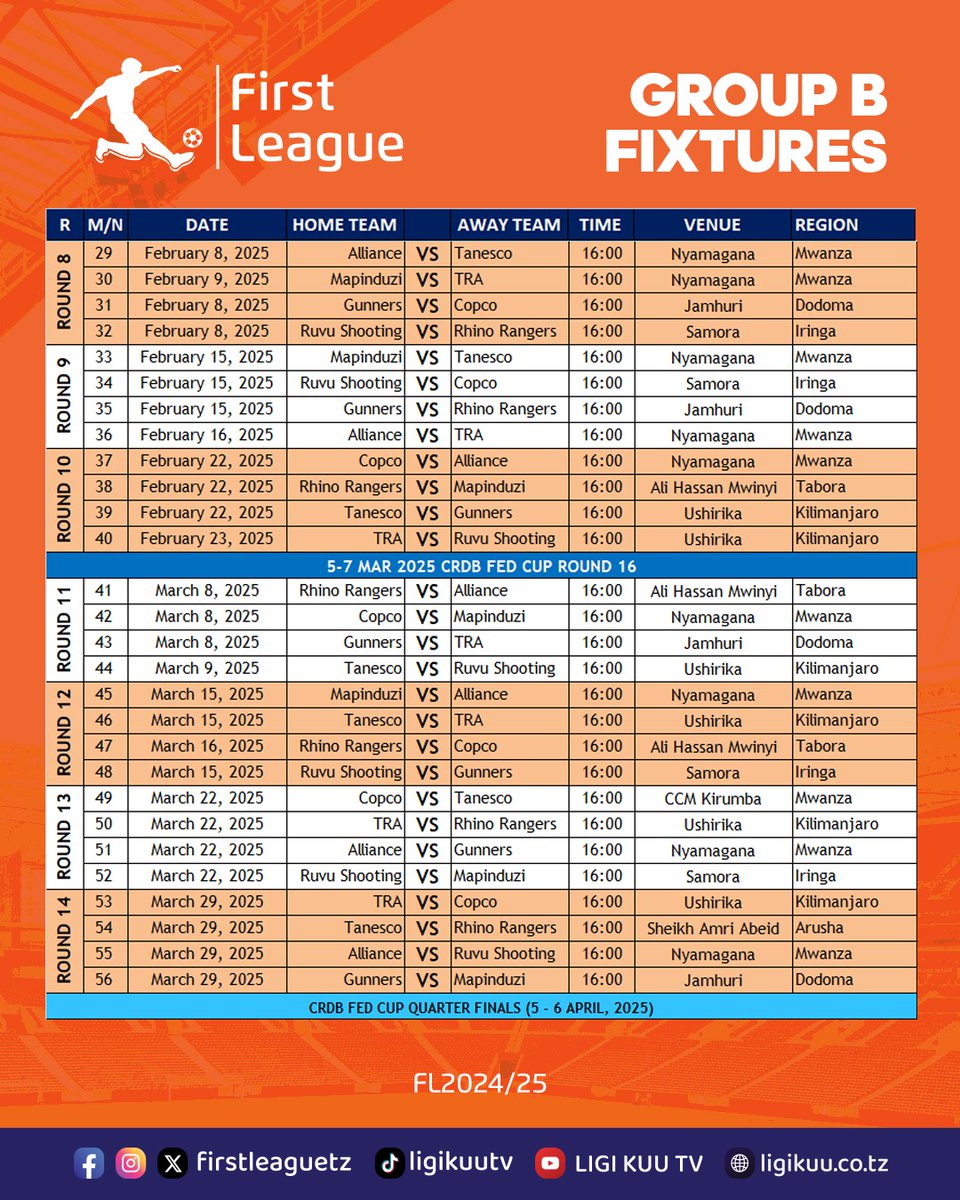 #FirstleaguetzFixtures
Ratiba ya  Ligi ya <a href="/firstleague_tz/">Tanzania First League 🇹🇿</a> msimu wa 2024/2025.

 <a href="/Tanfootball/">TFF TANZANIA</a> <a href="/NBCTanzania/">NBCTanzania</a>