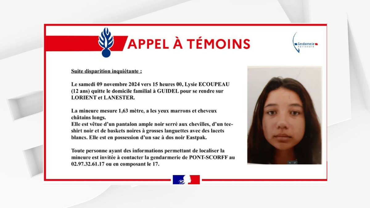 BFMTV's tweet photo. Morbihan: un appel à témoins lancé après la disparition inquiétante d’une adolescente de 12 ans
https://t.co/KVcMrrTVMz https://t.co/mqmAfSWxE9