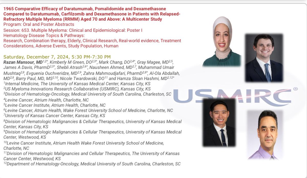USMIRC News (@usmircnews) on Twitter photo 🧵 ASH abstracts via #USMIRC group (Myeloma subdivision) 1965 Comparative Efficacy of DPd Compared to DKd in Patients with RRMM Aged 70 and Above: A Multicenter Study. Present by <a href="/ramansour95/">Razan Mansour</a> <a href="/KUcancercenter/">KU Cancer Center</a> <a href="/hhashmi87/">Hamza Hashmi</a> #MedTwitter #mmsm #ASH2024
ash.confex.com/ash/2024/webpr… 🧵 ASH abstracts via #USMIRC group (Myeloma subdivision) 1965 Comparative Efficacy of DPd Compared to DKd in Patients with RRMM Aged 70 and Above: A Multicenter Study. Present by <a href="/ramansour95/">Razan Mansour</a> <a href="/KUcancercenter/">KU Cancer Center</a> <a href="/hhashmi87/">Hamza Hashmi</a> #MedTwitter #mmsm #ASH2024
ash.confex.com/ash/2024/webpr…
