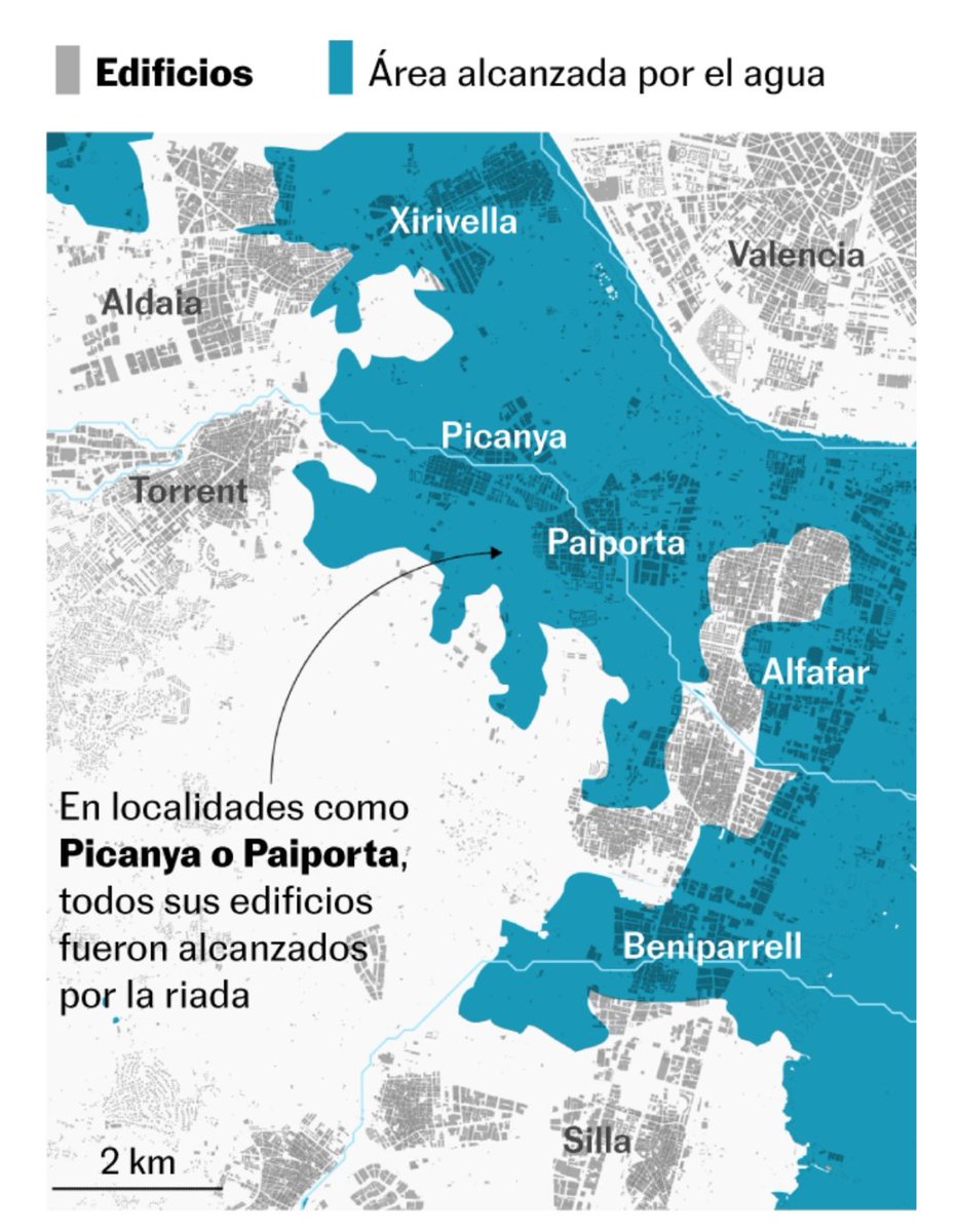 Estos dos mapas son terribles, dan escalofríos solo mirarlos:
➡️ La mancha de agua que cubrió Valencia. Un 5% de toda la provincia ha estado bajo el agua

➡️ El agua alcanzó pueblos completos de la zona cero de la catástrofe. Ni un edificio que no tocara el agua