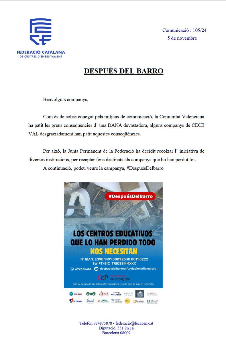 feceval_cece's tweet photo. La Federació Catalana de Centres d’Ensenyament también se une favor de los centros educativos que lo han perdido todo en la Comunidad Valenciana https://t.co/3OpvIzxc7S