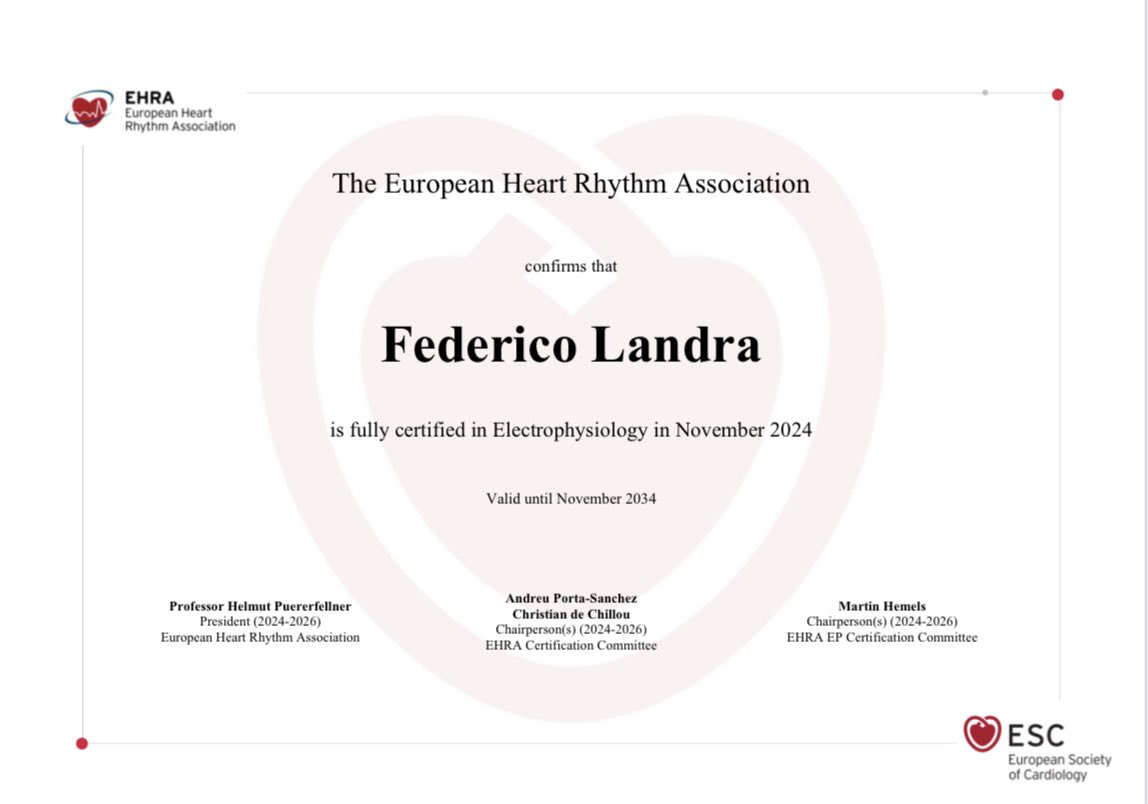 Federico Landra (@federicolandra1) on Twitter photo Dedicated to all my mentors! 🎉
A special thanks to <a href="/DrBerruezo/">DrAntonioBerruezo</a> for having made this possible 🙏
#EHRAcertification #EHRA_ESC #EPeeps
<a href="/escardio/">European Society of Cardiology</a> <a href="/EHRAPresident/">EHRAPresident</a> <a href="/aportasanchez/">Andreu Porta Sánchez</a> <a href="/DrHemels/">dr Martin E.W. Hemels</a> Dedicated to all my mentors! 🎉
A special thanks to <a href="/DrBerruezo/">DrAntonioBerruezo</a> for having made this possible 🙏
#EHRAcertification #EHRA_ESC #EPeeps
<a href="/escardio/">European Society of Cardiology</a> <a href="/EHRAPresident/">EHRAPresident</a> <a href="/aportasanchez/">Andreu Porta Sánchez</a> <a href="/DrHemels/">dr Martin E.W. Hemels</a>