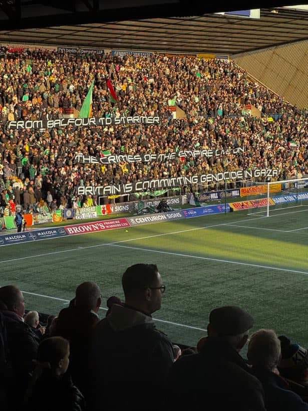 PHOTO |  “From Balfour to Starmer
The crimes of the empire live on 
Britain is committing genocide in Gaza”

(Green Brigade, Celtic)