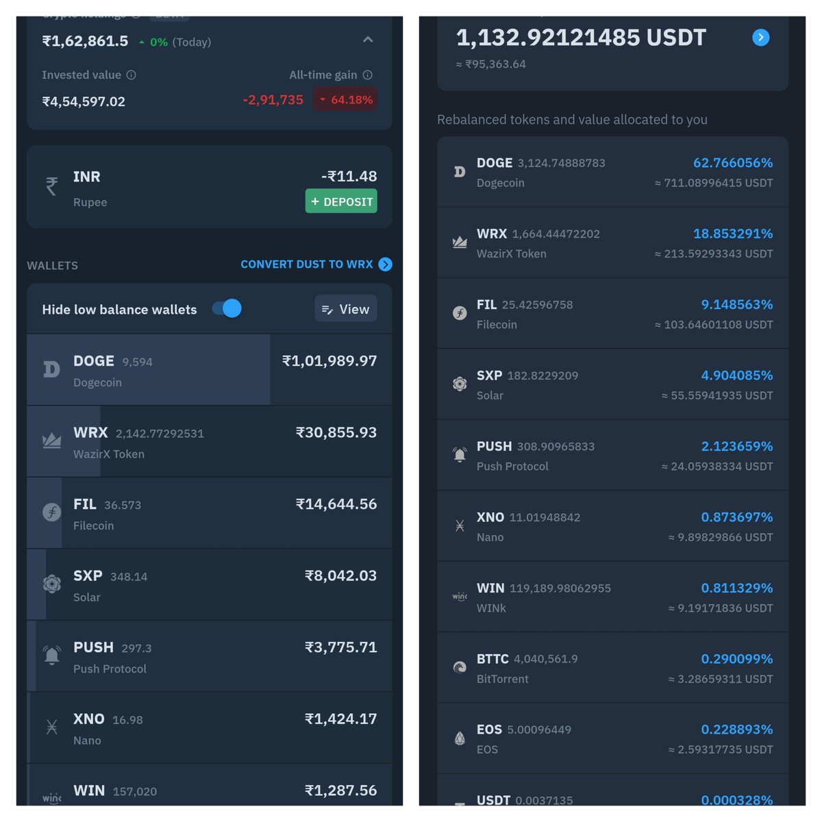 djvamshi's tweet photo. Concern with WazirX Portfolio Discrepancy 
I've noticed my WazirX portfolio shows different token amounts than the rebalanced tokens allocated to me (see attached). Why is there a mismatch? Transparency is key for investors. @WazirXCares , plz clarify &amp; resolve this issue#WazirX https://t.co/KYuHbKZwNN